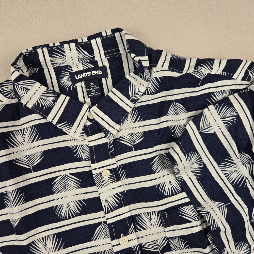 Lands End Men's XL 100% Linen Short Sleeve Button Down Shirt Navy Palm Coastal